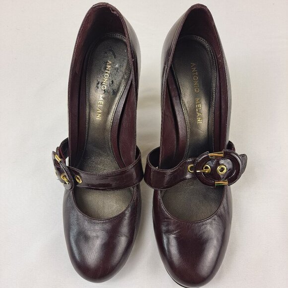 Antonio Melani Size 9M Wine Leather Mary Jane Heels Gold Trimmed Buckle - Picture 2 of 14